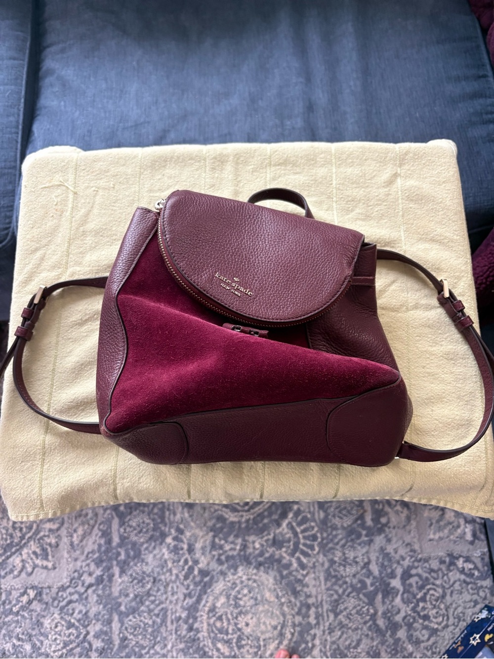 kate spade Wine Leather & Suede Backpack with Gold Logo